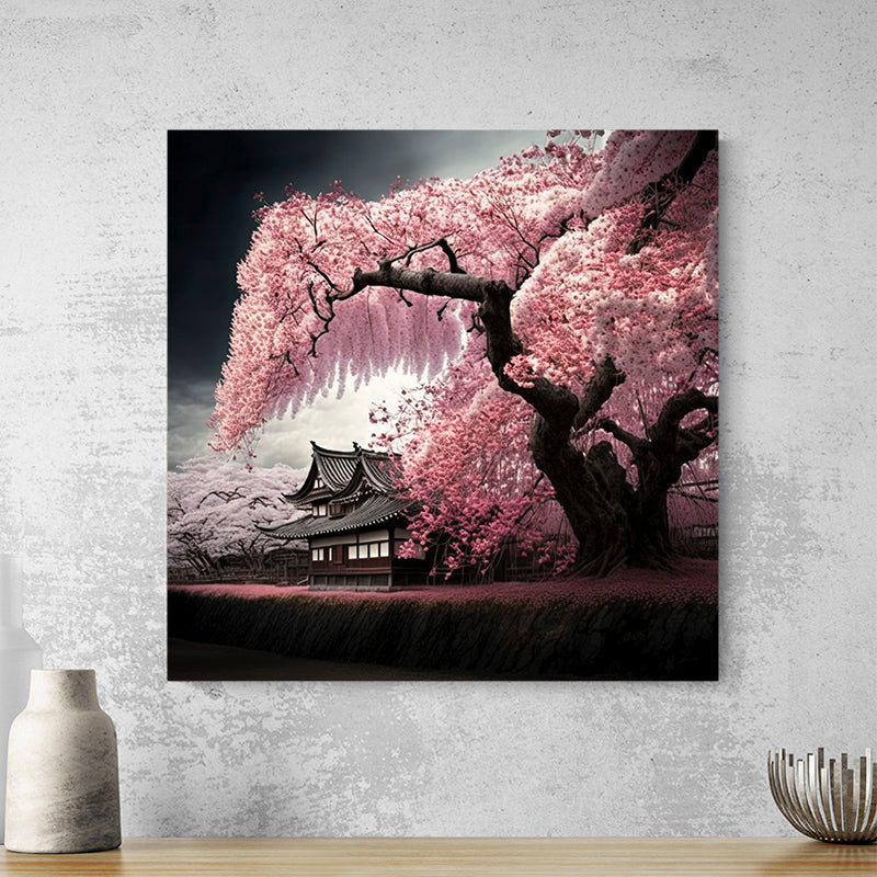 Tableau Cerisier Et Temple Japonais