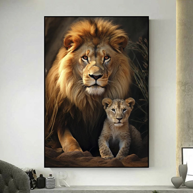 tableau lion et lionceau