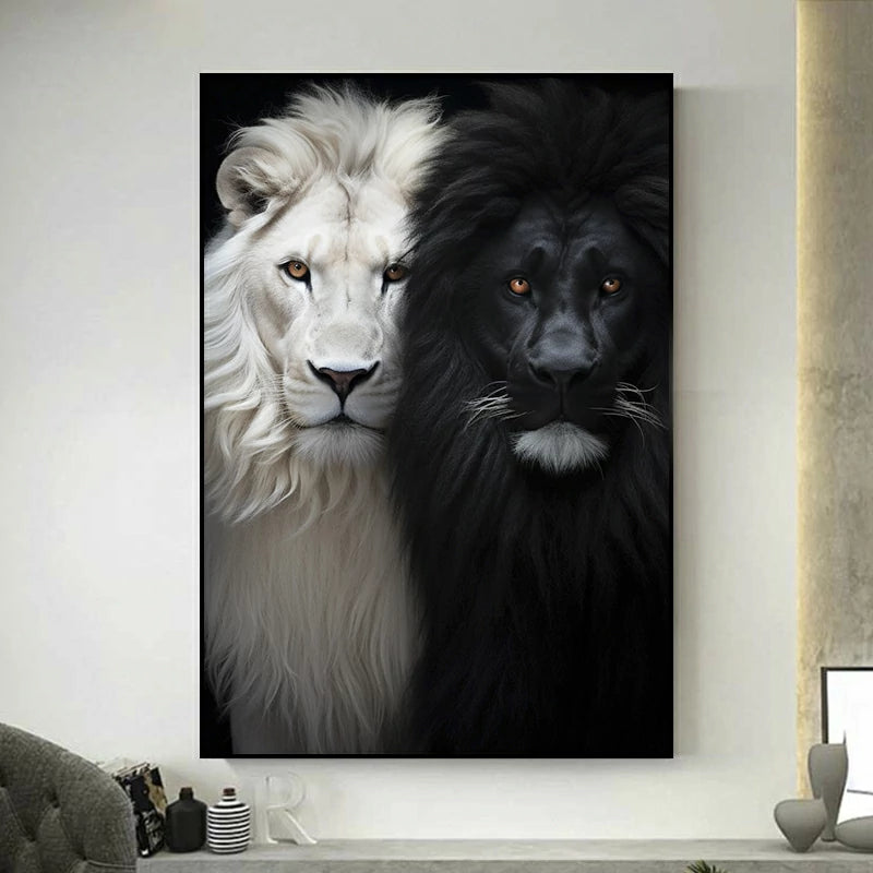 tableau lion noir et lion blanc