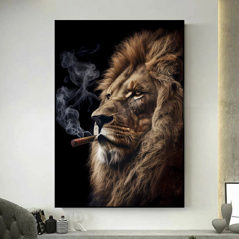 tableau lion qui fume