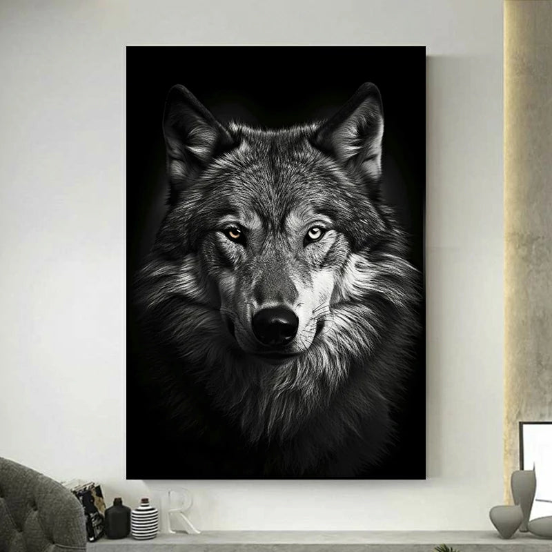 tableau loup noir et blanc