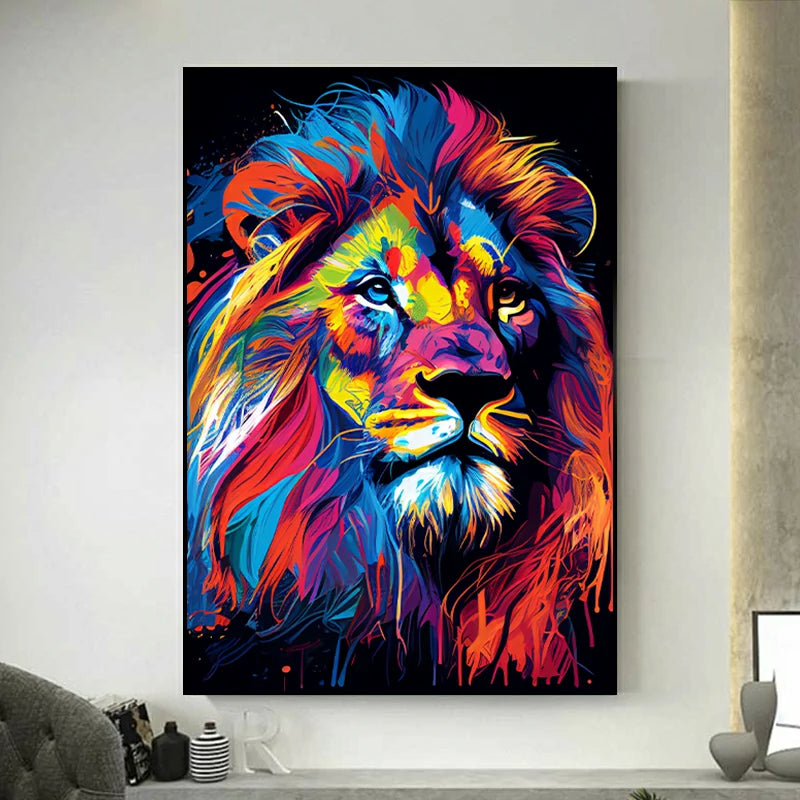 tableau lion multicolor fond noir