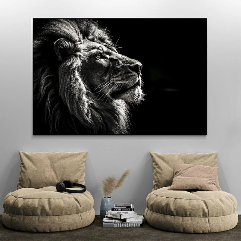 tableau noir et blanc animaux lion