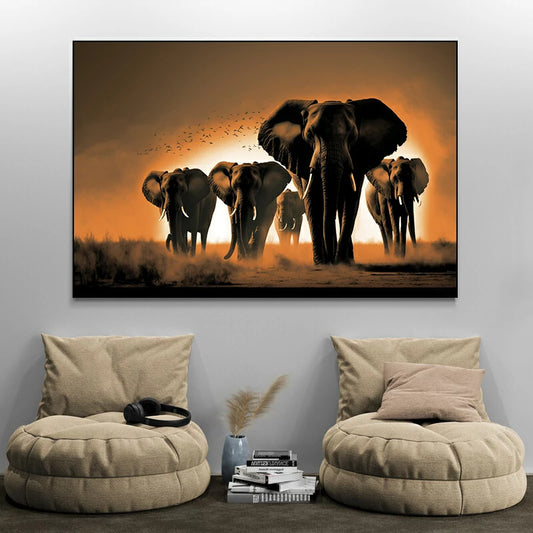 tableau elephant coucher de soleil