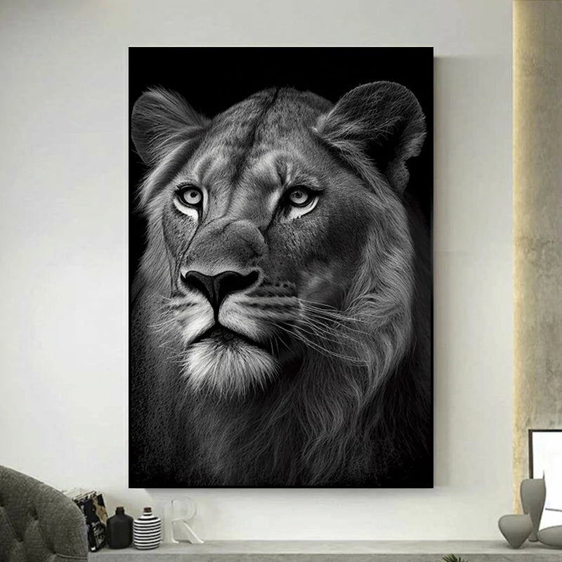 tableau lion noir et blanc